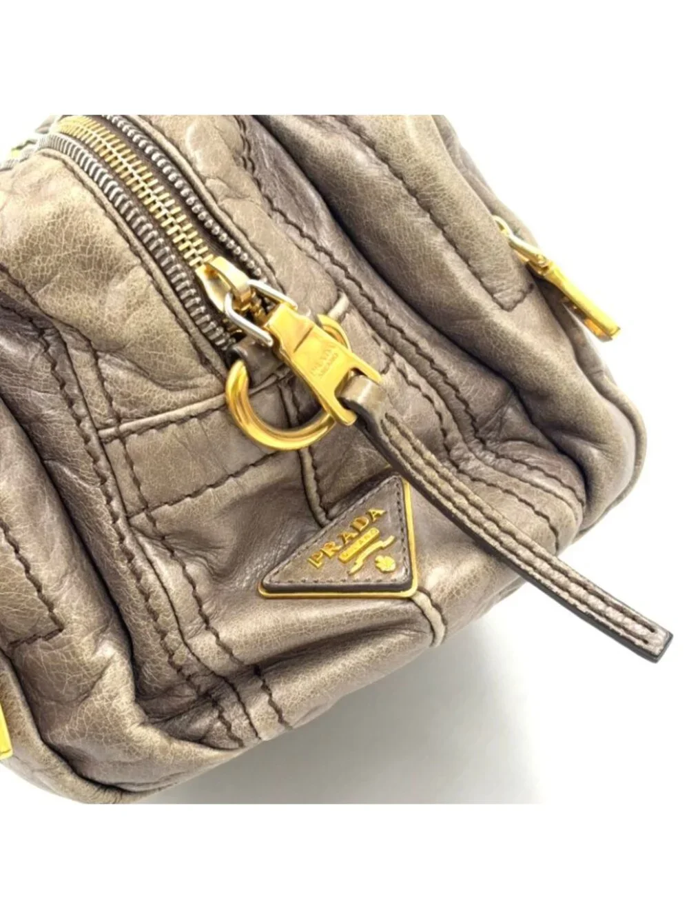 Prada Vitello Shine Bowlet Calf Gray Handbag Gold
